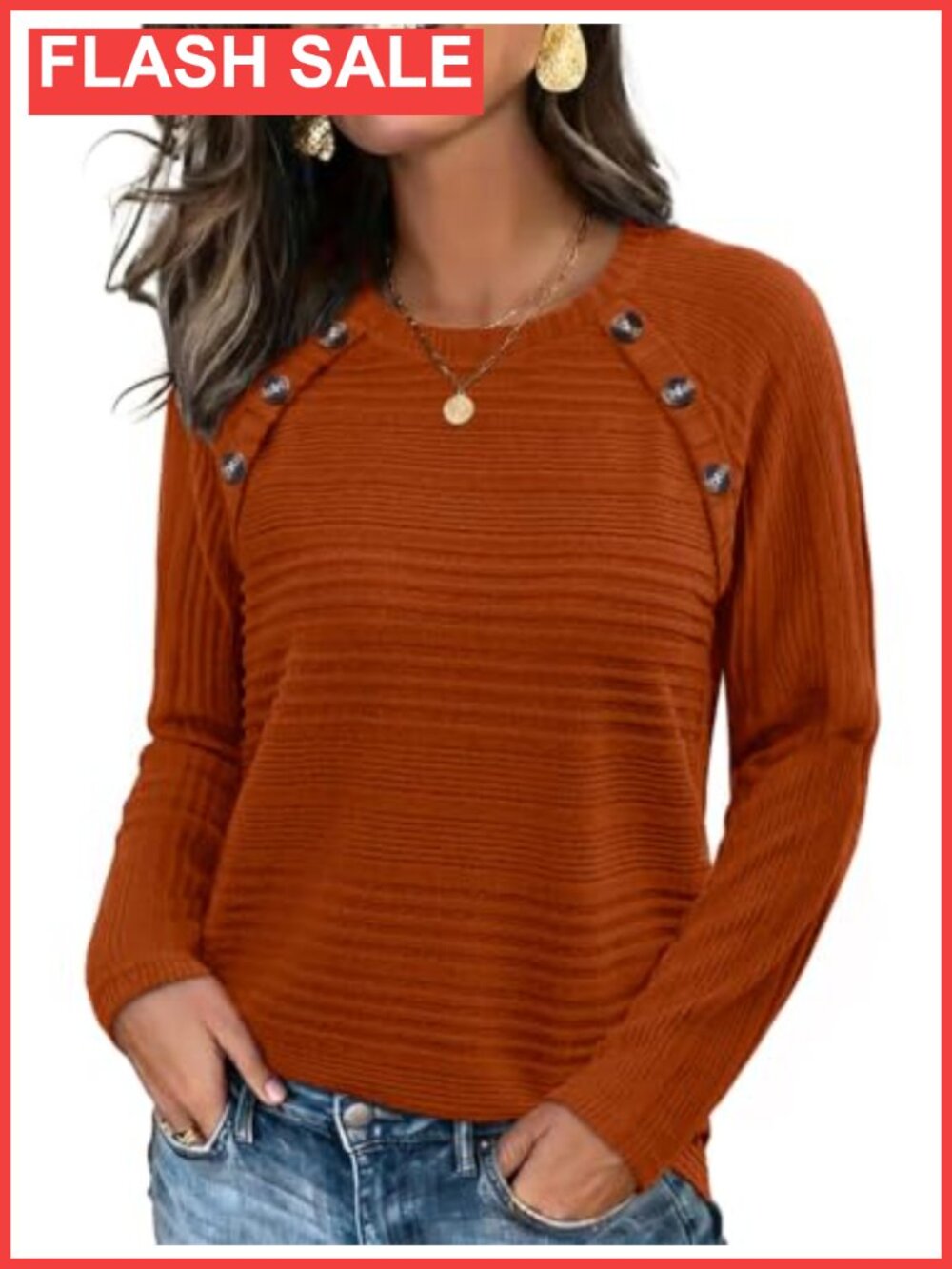 Womens Lightweight Long Sleeve Tunic Sweater Button Crew Neck Loose Fit